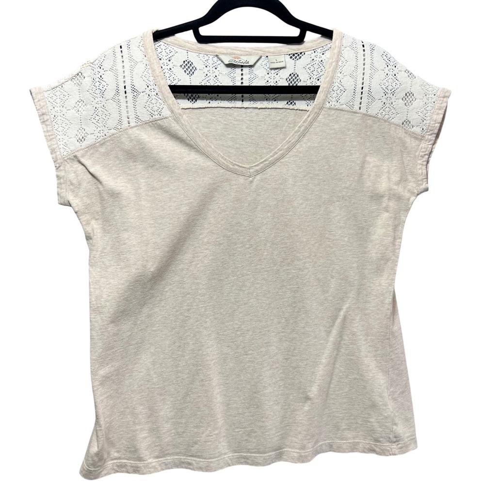 Bob Timberlake Lace Shoulder V-Neck Knit Top Beige Short Sleeve Tee Women's L